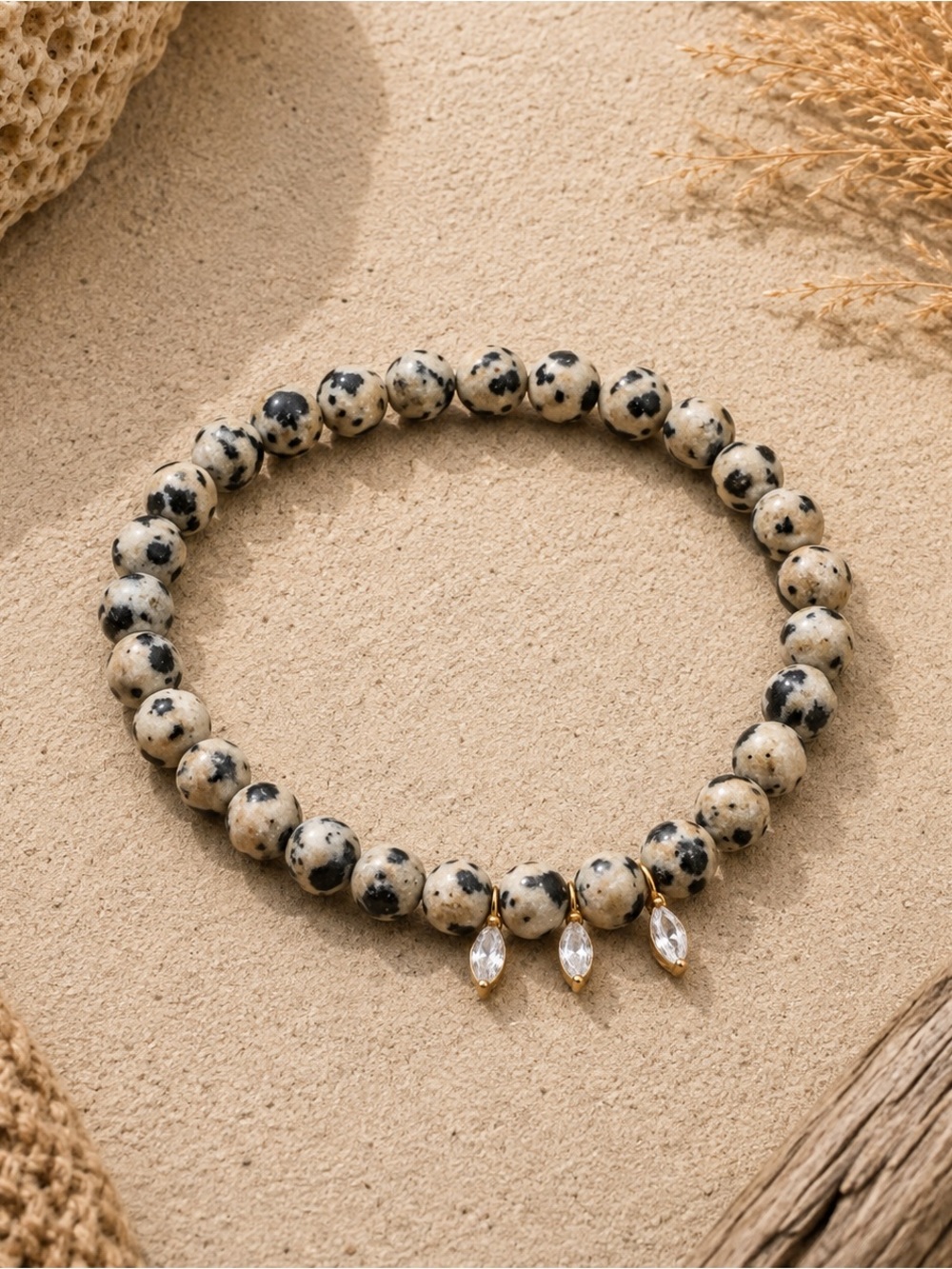 Bali Artisan Dalmatian Jasper Crystal Beaded Bracelet
